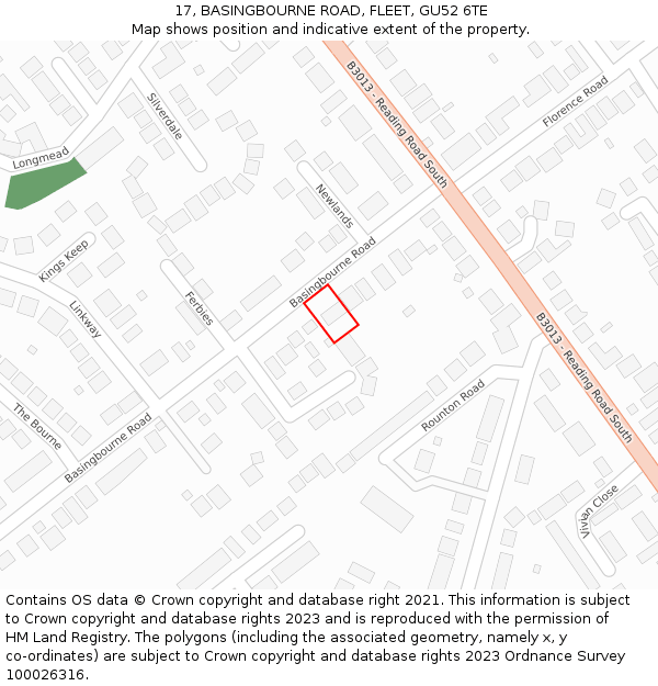 17, BASINGBOURNE ROAD, FLEET, GU52 6TE: Location map and indicative extent of plot