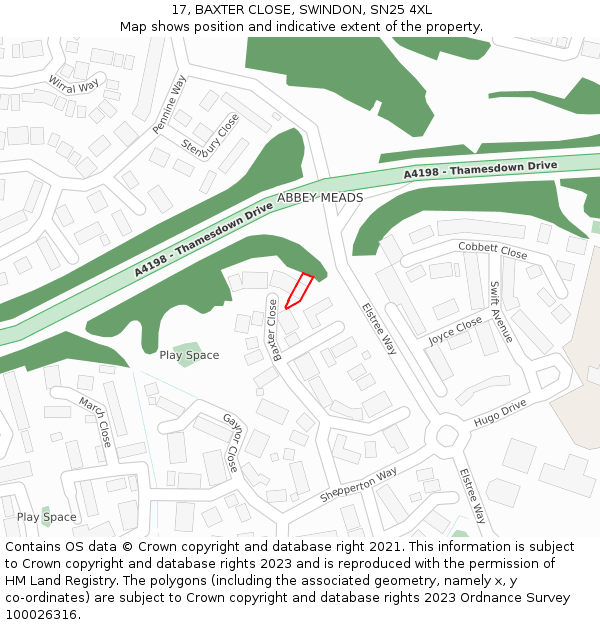 17, BAXTER CLOSE, SWINDON, SN25 4XL: Location map and indicative extent of plot