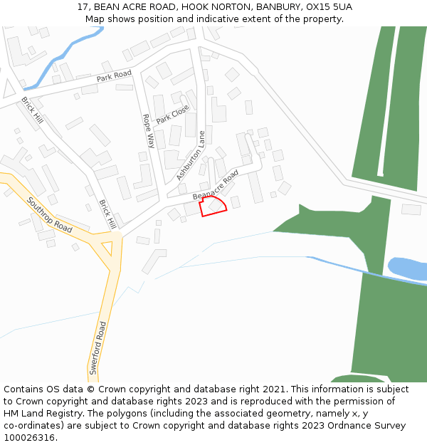 17, BEAN ACRE ROAD, HOOK NORTON, BANBURY, OX15 5UA: Location map and indicative extent of plot