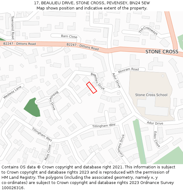 17, BEAULIEU DRIVE, STONE CROSS, PEVENSEY, BN24 5EW: Location map and indicative extent of plot