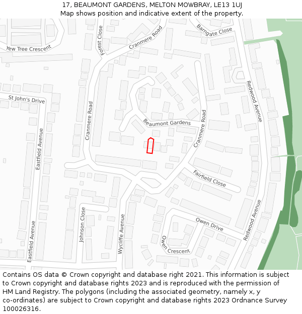 17, BEAUMONT GARDENS, MELTON MOWBRAY, LE13 1UJ: Location map and indicative extent of plot