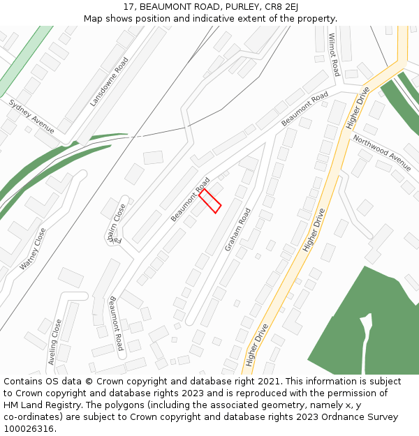 17, BEAUMONT ROAD, PURLEY, CR8 2EJ: Location map and indicative extent of plot