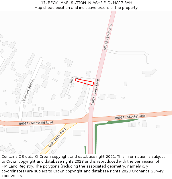 17, BECK LANE, SUTTON-IN-ASHFIELD, NG17 3AH: Location map and indicative extent of plot