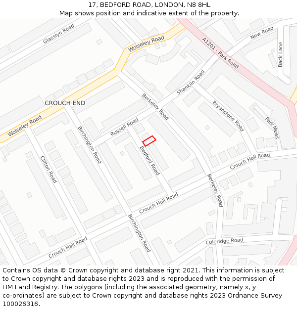 17, BEDFORD ROAD, LONDON, N8 8HL: Location map and indicative extent of plot