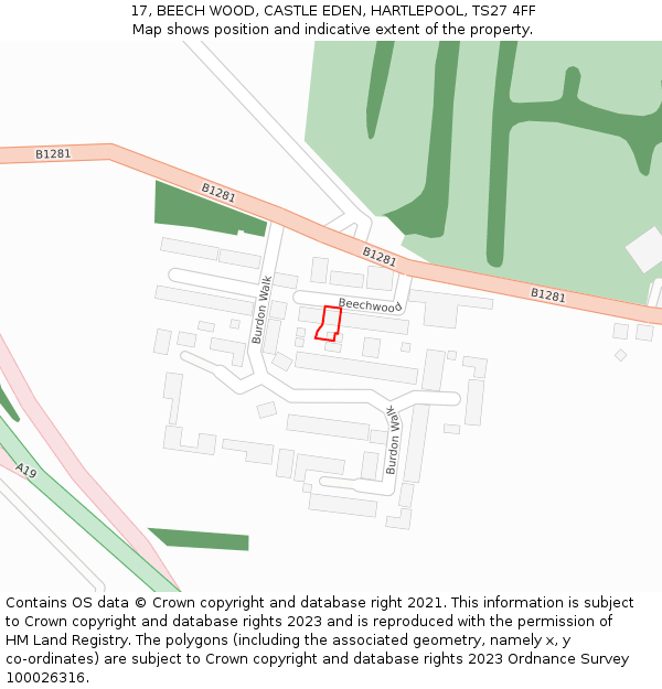 17, BEECH WOOD, CASTLE EDEN, HARTLEPOOL, TS27 4FF: Location map and indicative extent of plot