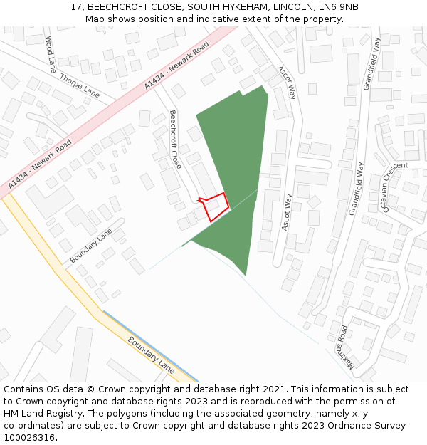 17, BEECHCROFT CLOSE, SOUTH HYKEHAM, LINCOLN, LN6 9NB: Location map and indicative extent of plot