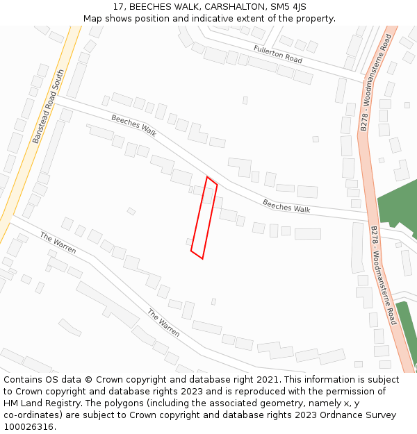 17, BEECHES WALK, CARSHALTON, SM5 4JS: Location map and indicative extent of plot