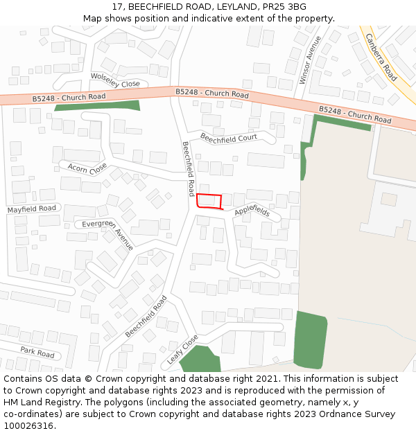 17, BEECHFIELD ROAD, LEYLAND, PR25 3BG: Location map and indicative extent of plot