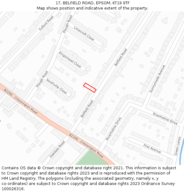 17, BELFIELD ROAD, EPSOM, KT19 9TF: Location map and indicative extent of plot