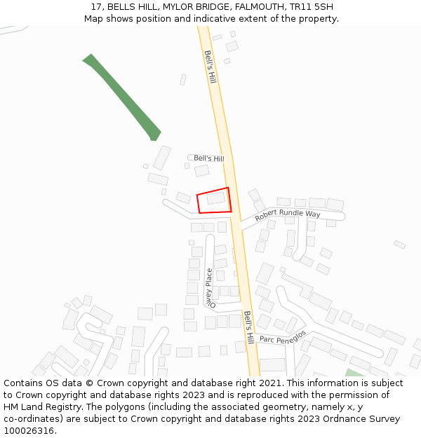 17, BELLS HILL, MYLOR BRIDGE, FALMOUTH, TR11 5SH: Location map and indicative extent of plot