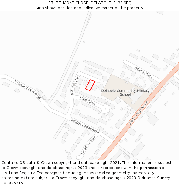 17, BELMONT CLOSE, DELABOLE, PL33 9EQ: Location map and indicative extent of plot