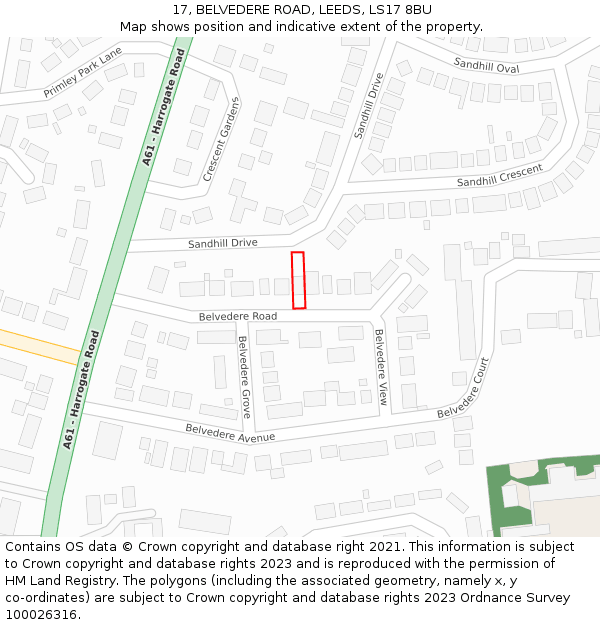 17, BELVEDERE ROAD, LEEDS, LS17 8BU: Location map and indicative extent of plot