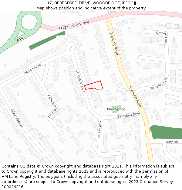 17, BERESFORD DRIVE, WOODBRIDGE, IP12 1JJ: Location map and indicative extent of plot
