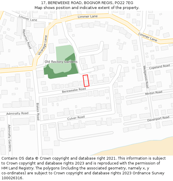 17, BEREWEEKE ROAD, BOGNOR REGIS, PO22 7EG: Location map and indicative extent of plot