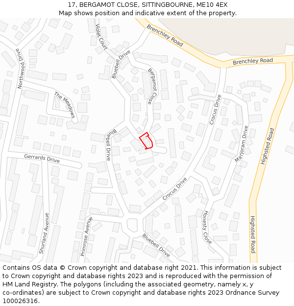 17, BERGAMOT CLOSE, SITTINGBOURNE, ME10 4EX: Location map and indicative extent of plot