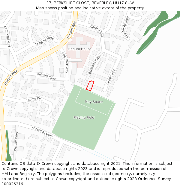 17, BERKSHIRE CLOSE, BEVERLEY, HU17 8UW: Location map and indicative extent of plot