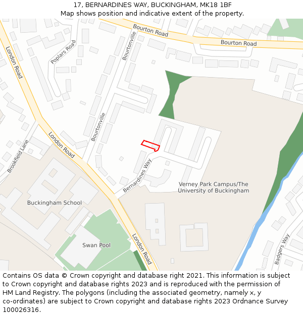 17, BERNARDINES WAY, BUCKINGHAM, MK18 1BF: Location map and indicative extent of plot