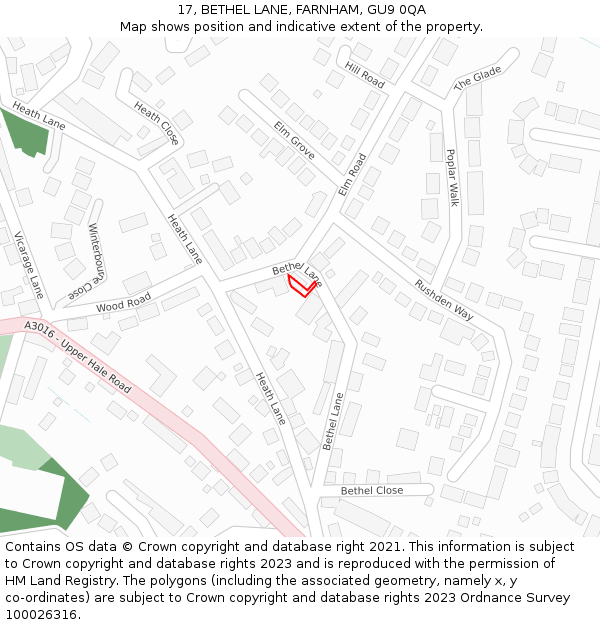 17, BETHEL LANE, FARNHAM, GU9 0QA: Location map and indicative extent of plot