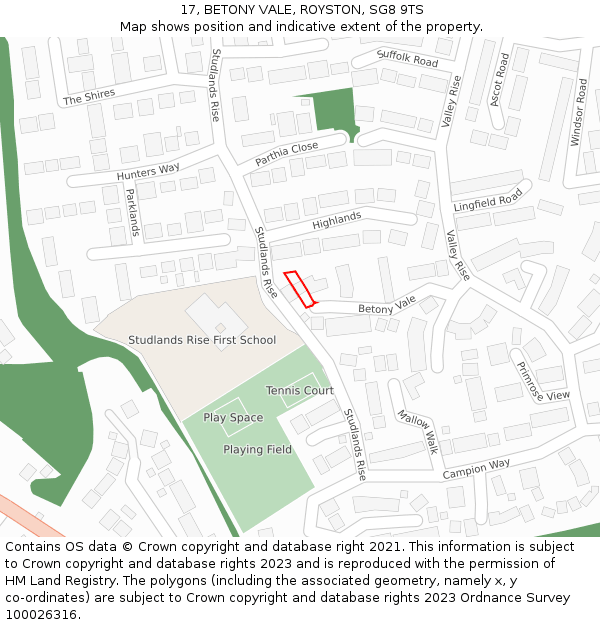 17, BETONY VALE, ROYSTON, SG8 9TS: Location map and indicative extent of plot
