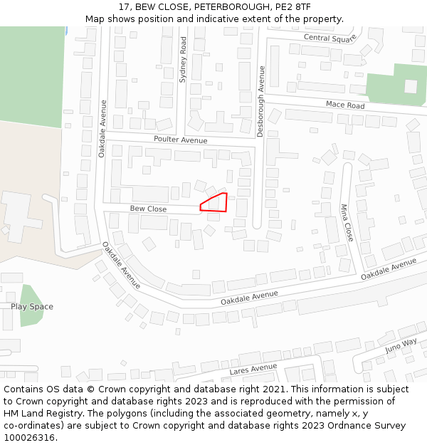 17, BEW CLOSE, PETERBOROUGH, PE2 8TF: Location map and indicative extent of plot