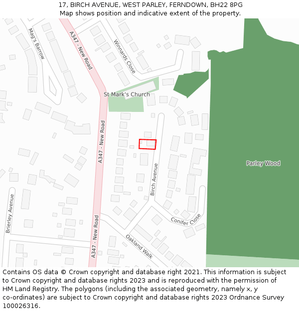 17, BIRCH AVENUE, WEST PARLEY, FERNDOWN, BH22 8PG: Location map and indicative extent of plot