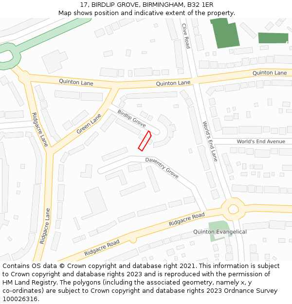 17, BIRDLIP GROVE, BIRMINGHAM, B32 1ER: Location map and indicative extent of plot