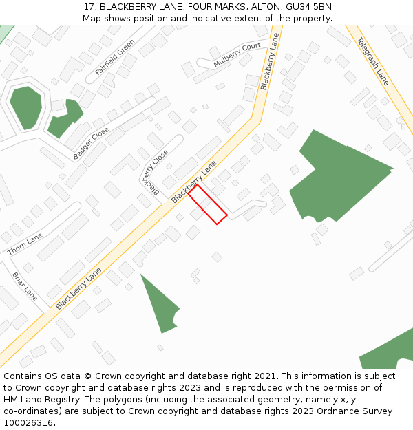 17, BLACKBERRY LANE, FOUR MARKS, ALTON, GU34 5BN: Location map and indicative extent of plot