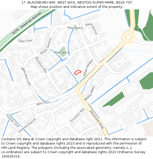 17, BLACKBURN WAY, WEST WICK, WESTON-SUPER-MARE, BS24 7GT: Location map and indicative extent of plot
