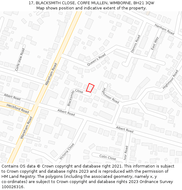 17, BLACKSMITH CLOSE, CORFE MULLEN, WIMBORNE, BH21 3QW: Location map and indicative extent of plot