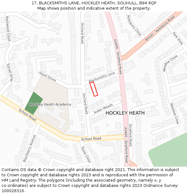 17, BLACKSMITHS LANE, HOCKLEY HEATH, SOLIHULL, B94 6QP: Location map and indicative extent of plot