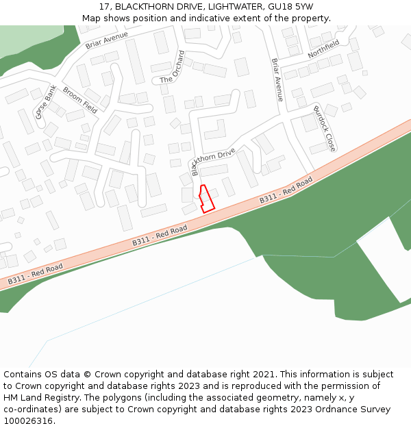 17, BLACKTHORN DRIVE, LIGHTWATER, GU18 5YW: Location map and indicative extent of plot