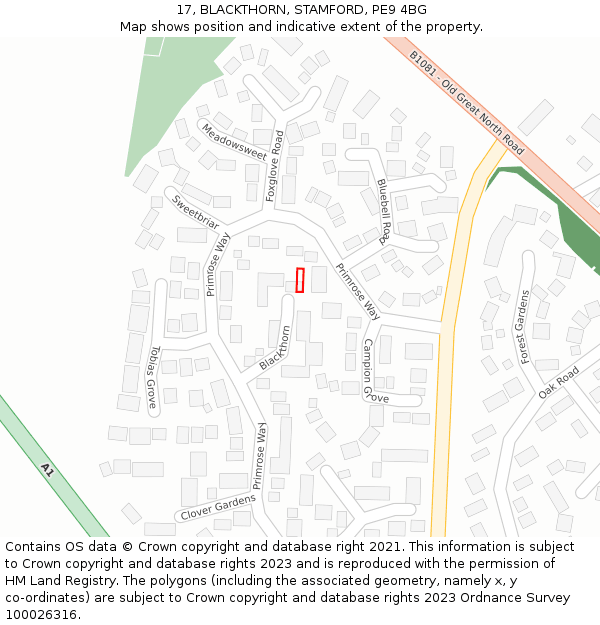 17, BLACKTHORN, STAMFORD, PE9 4BG: Location map and indicative extent of plot