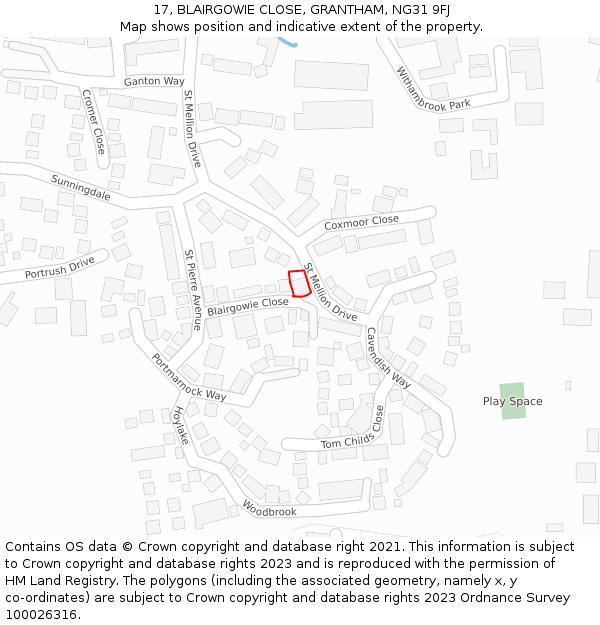 17, BLAIRGOWIE CLOSE, GRANTHAM, NG31 9FJ: Location map and indicative extent of plot