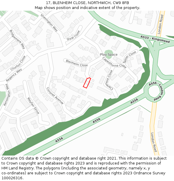 17, BLENHEIM CLOSE, NORTHWICH, CW9 8FB: Location map and indicative extent of plot