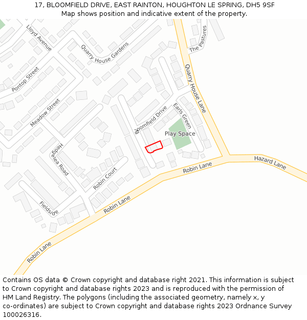 17, BLOOMFIELD DRIVE, EAST RAINTON, HOUGHTON LE SPRING, DH5 9SF: Location map and indicative extent of plot