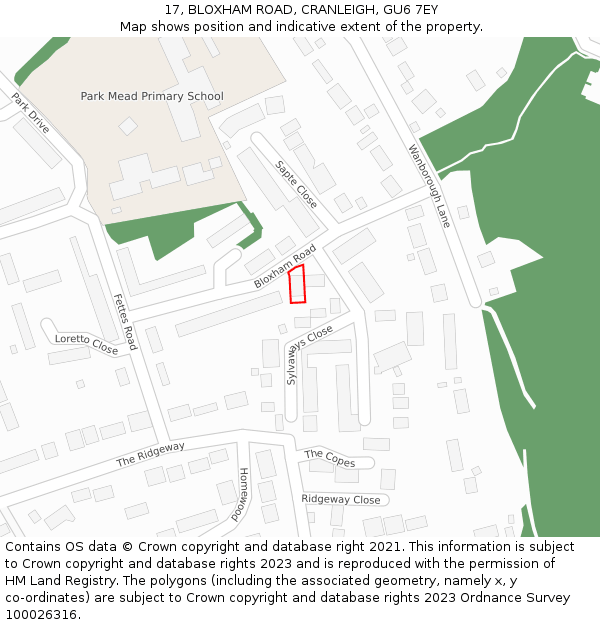 17, BLOXHAM ROAD, CRANLEIGH, GU6 7EY: Location map and indicative extent of plot