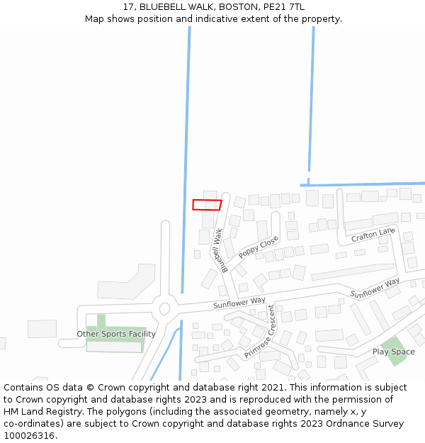 17, BLUEBELL WALK, BOSTON, PE21 7TL: Location map and indicative extent of plot