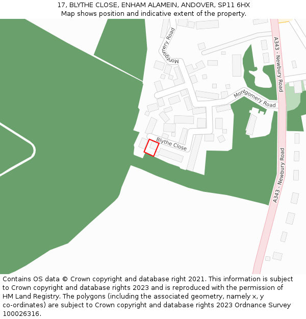 17, BLYTHE CLOSE, ENHAM ALAMEIN, ANDOVER, SP11 6HX: Location map and indicative extent of plot
