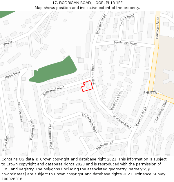 17, BODRIGAN ROAD, LOOE, PL13 1EF: Location map and indicative extent of plot