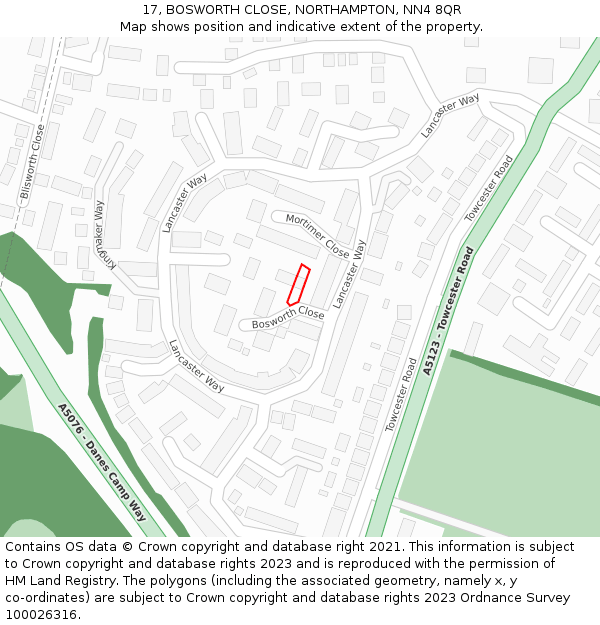 17, BOSWORTH CLOSE, NORTHAMPTON, NN4 8QR: Location map and indicative extent of plot