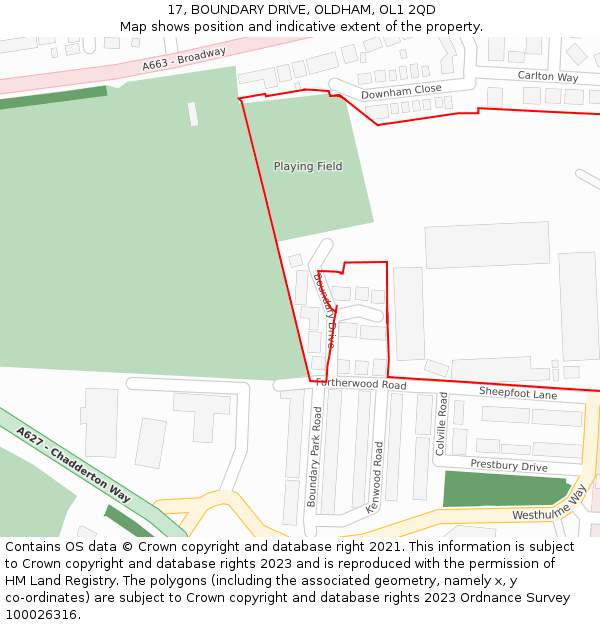 17, BOUNDARY DRIVE, OLDHAM, OL1 2QD: Location map and indicative extent of plot