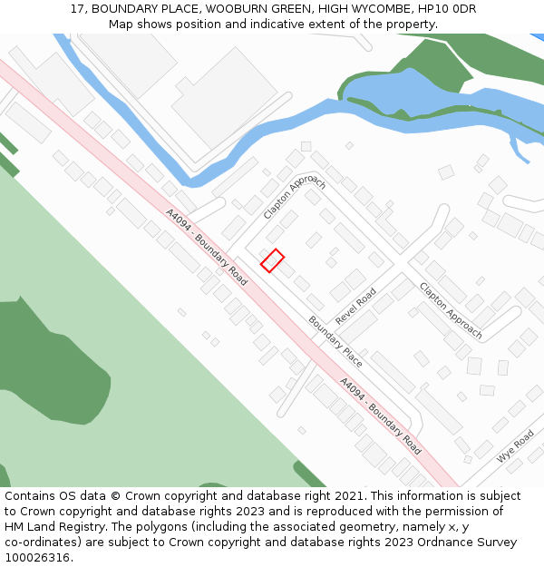 17, BOUNDARY PLACE, WOOBURN GREEN, HIGH WYCOMBE, HP10 0DR: Location map and indicative extent of plot