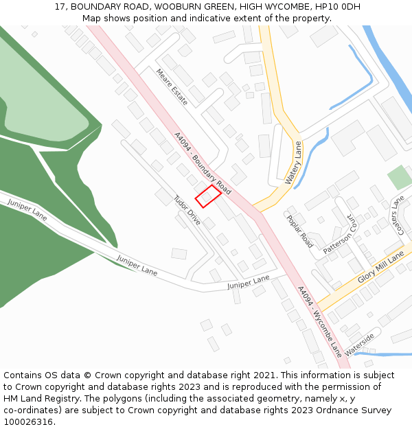 17, BOUNDARY ROAD, WOOBURN GREEN, HIGH WYCOMBE, HP10 0DH: Location map and indicative extent of plot