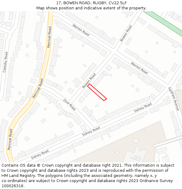 17, BOWEN ROAD, RUGBY, CV22 5LF: Location map and indicative extent of plot