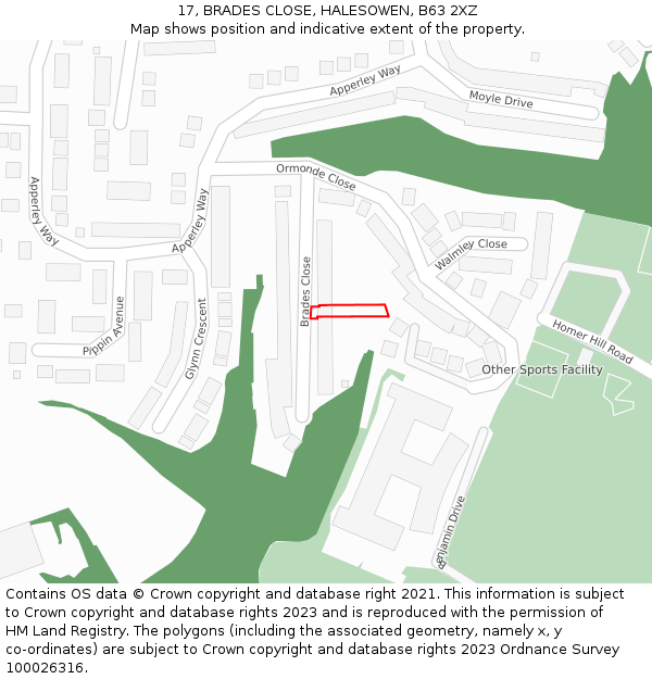 17, BRADES CLOSE, HALESOWEN, B63 2XZ: Location map and indicative extent of plot