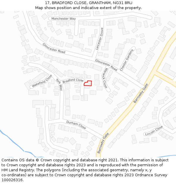 17, BRADFORD CLOSE, GRANTHAM, NG31 8RU: Location map and indicative extent of plot