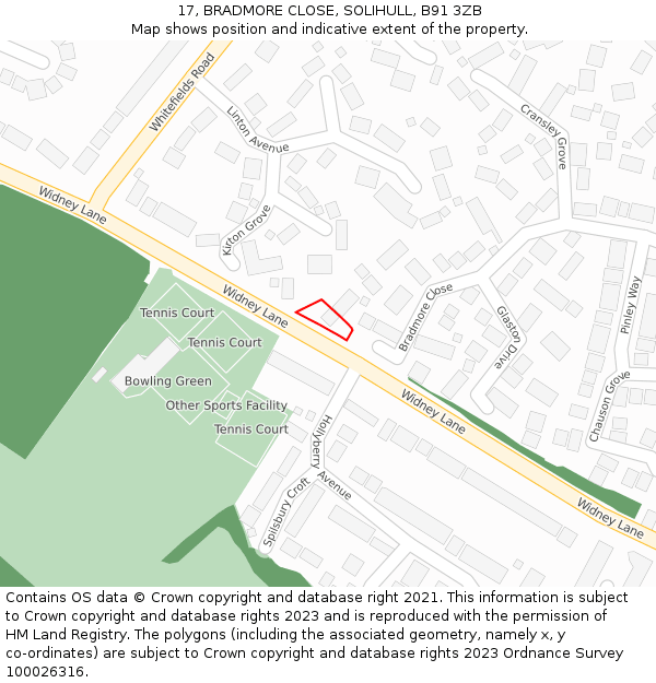 17, BRADMORE CLOSE, SOLIHULL, B91 3ZB: Location map and indicative extent of plot