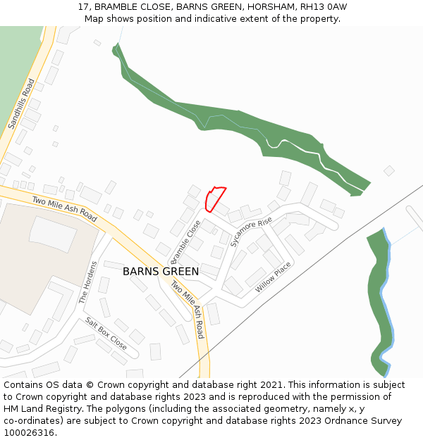 17, BRAMBLE CLOSE, BARNS GREEN, HORSHAM, RH13 0AW: Location map and indicative extent of plot