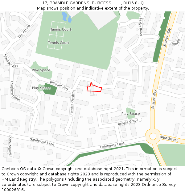 17, BRAMBLE GARDENS, BURGESS HILL, RH15 8UQ: Location map and indicative extent of plot