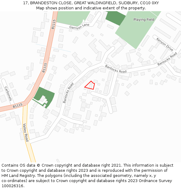 17, BRANDESTON CLOSE, GREAT WALDINGFIELD, SUDBURY, CO10 0XY: Location map and indicative extent of plot